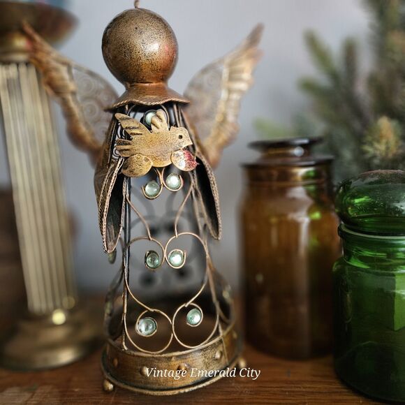 Vtg Metal Filigree Angel Garden Statue 15" Bronze Color Green Glass Taper Decor - Picture 3 of 12